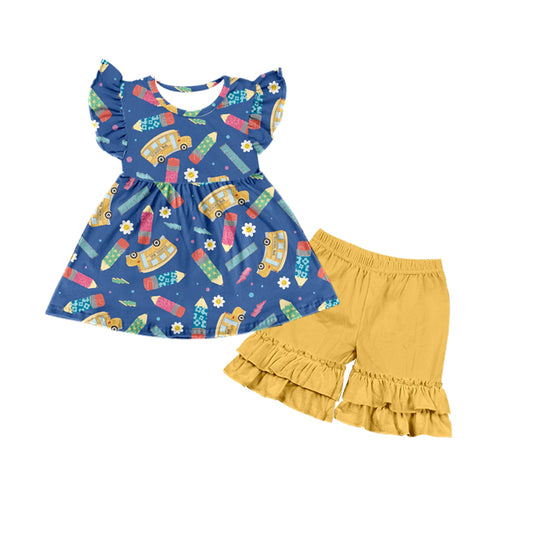 preorder GSSO1417 back to school pen bus flutter sleeve yellow shorts girls set