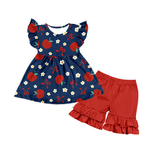 preorder GSSO1418 back to school apple flutter sleeve red shorts girls set