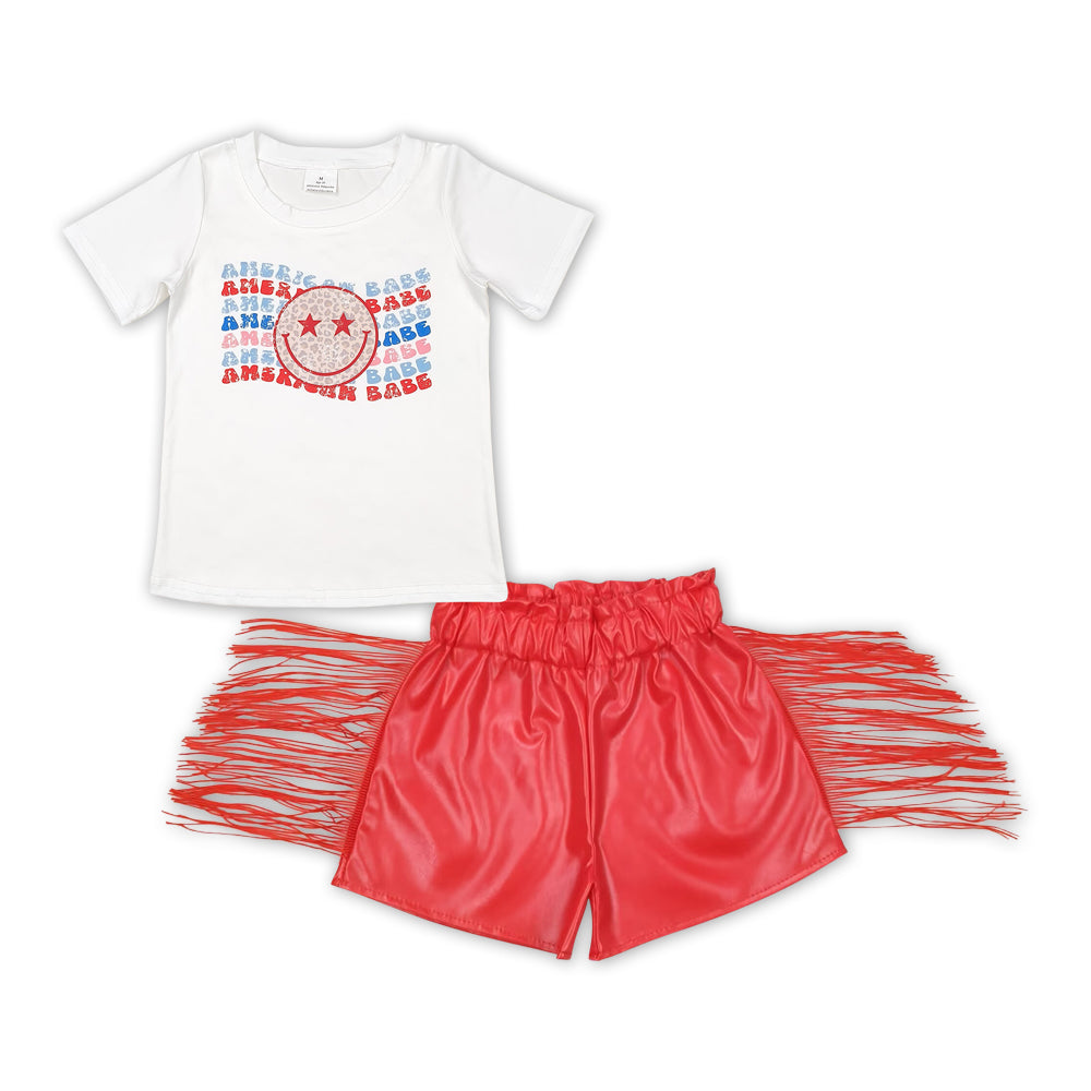 preorder GSSO1421 July 4th American babe short sleeve red tassels leather shorts girls set