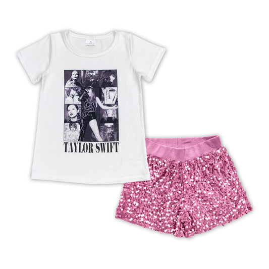 GSSO1424 country singer Taylor short sleeve pink sequin shorts girls set