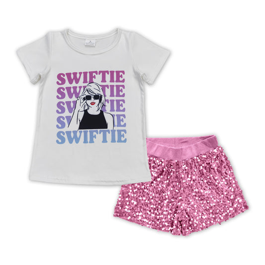 GSSO1425 country singer Swiftie short sleeve pink sequin shorts girls set