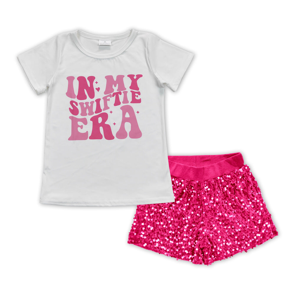 GSSO1426 country singer in my Swiftie era short sleeve hot pink sequin shorts girls set