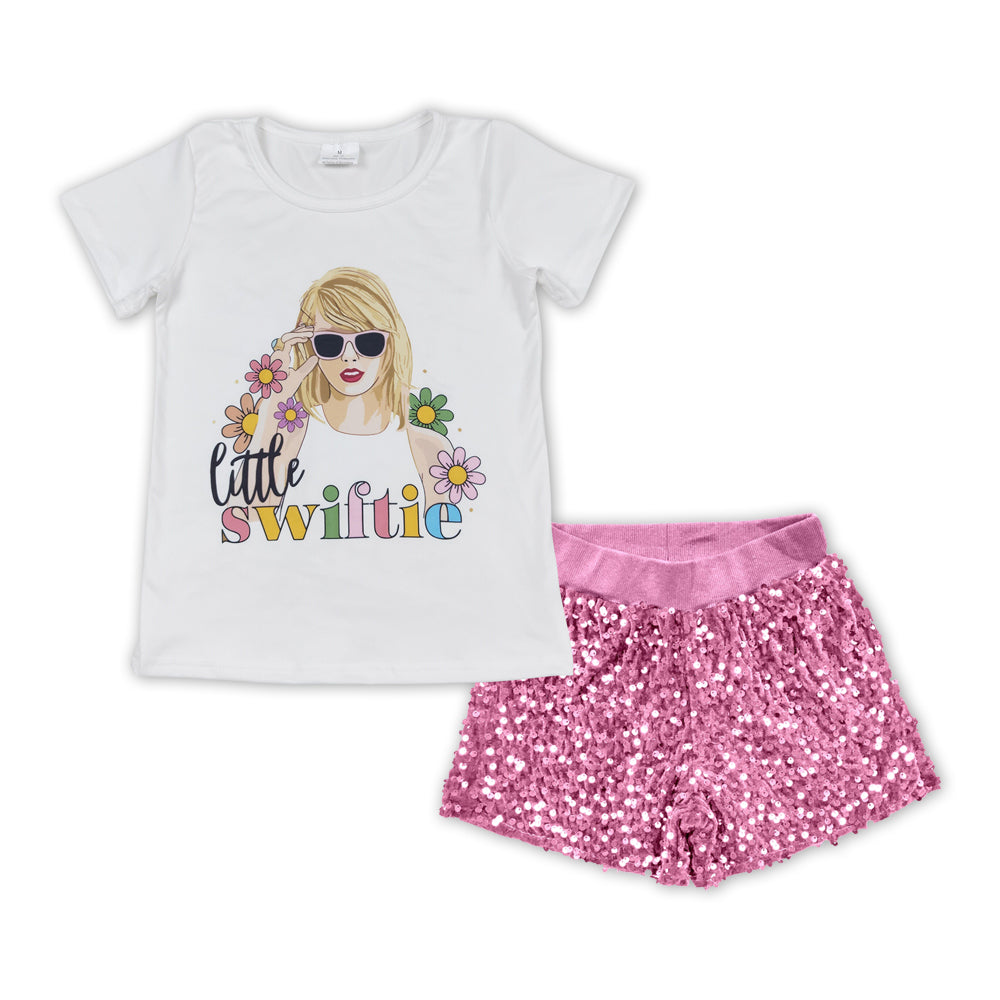 GSSO1427 country singer little Swiftie short sleeve pink sequin shorts girls set