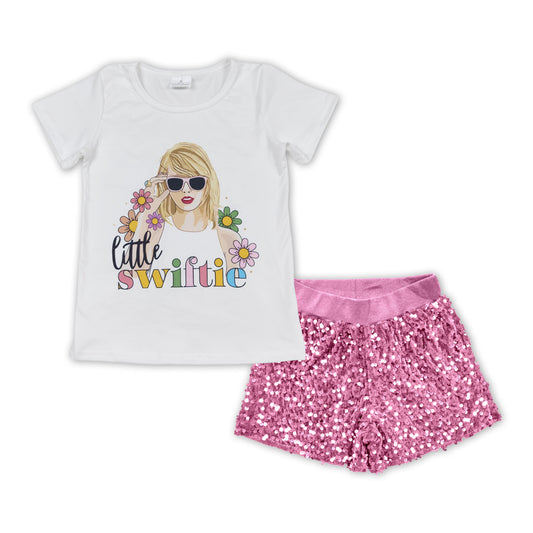 GSSO1427 country singer little Swiftie short sleeve pink sequin shorts girls set