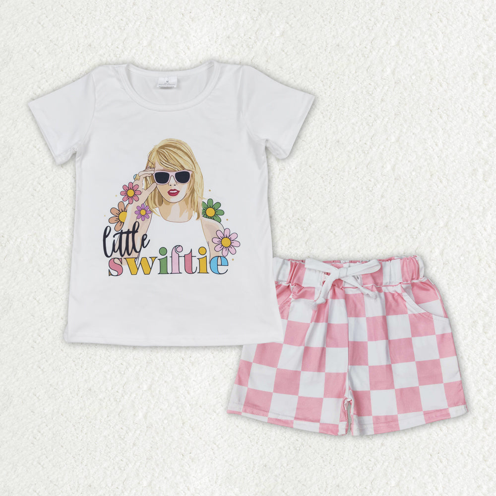GSSO1428 country singer little Swiftie short sleeve pink checkered shorts girls set