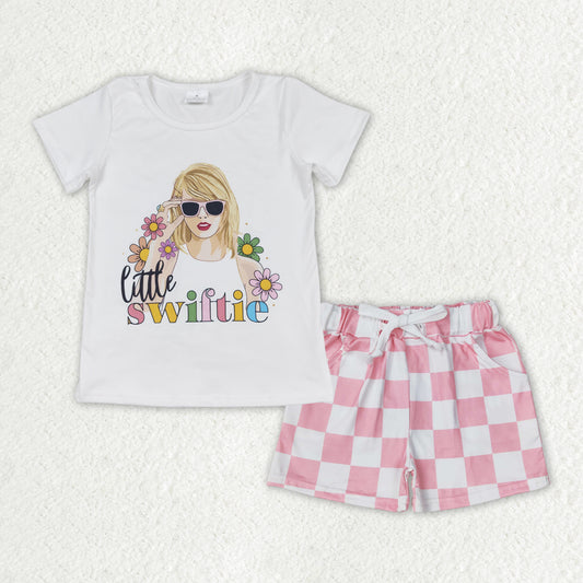 GSSO1428 country singer little Swiftie short sleeve pink checkered shorts girls set
