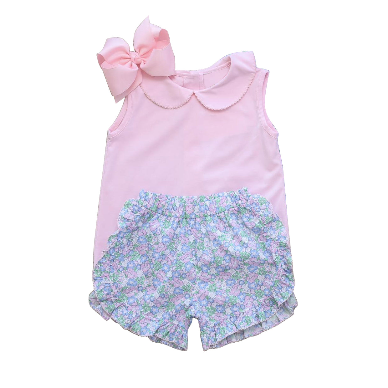 preorder GSSO1433 pink sleeveless blue pink flowers shorts girls floral set