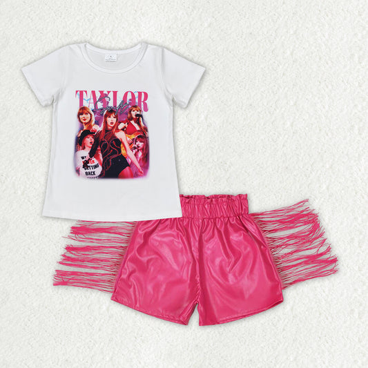 GSSO1435 country singer Taylor short sleeve hot pink tassels leather shorts girls set