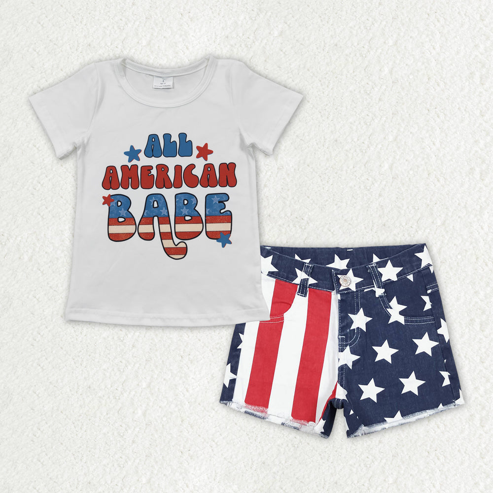 GSSO1438 July 4th America babe short sleeve star red striped denim shorts girls jeans set