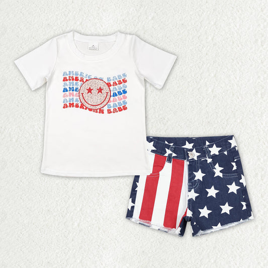 GSSO1439 July 4th America babe smile short sleeve star red striped denim shorts girls jeans set