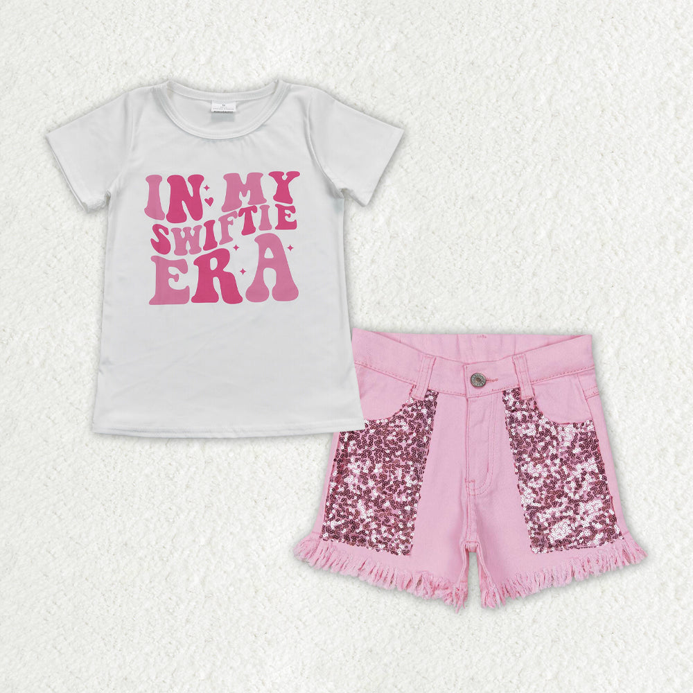 GSSO1444 in my Swiftie era short sleeve pink sequin denim shorts girls set