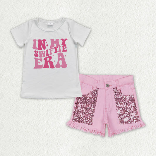 GSSO1444 in my Swiftie era short sleeve pink sequin denim shorts girls set