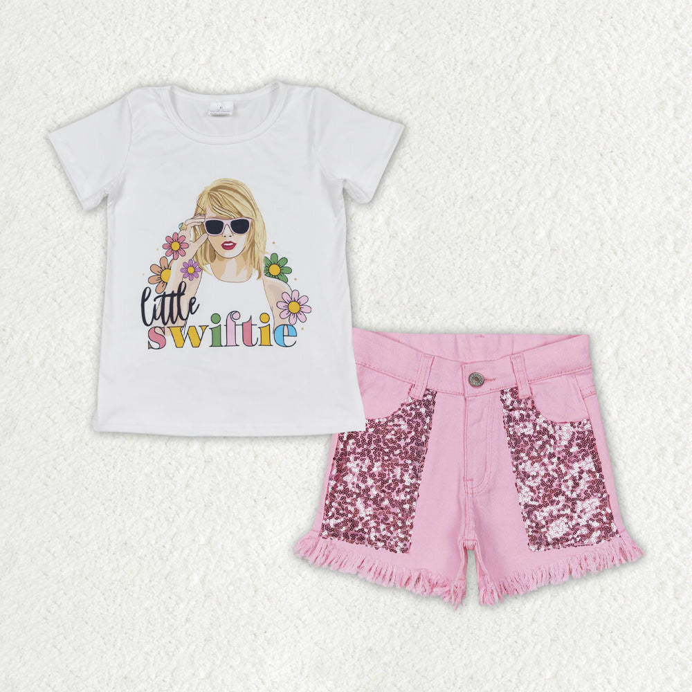 GSSO1445  Swiftie flowers short sleeve pink sequin denim shorts girls set