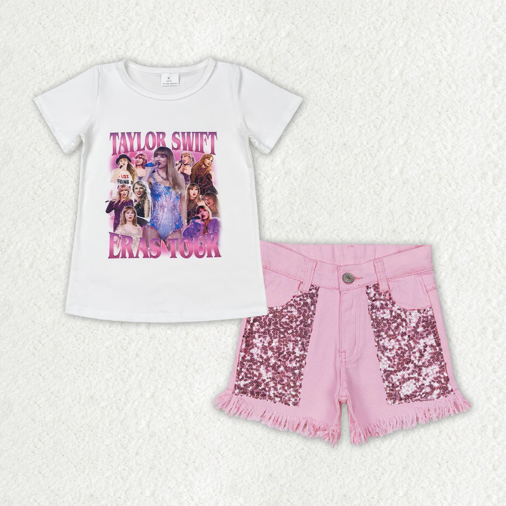 GSSO1446  Taylor country singer era tour short sleeve pink sequin denim shorts girls set