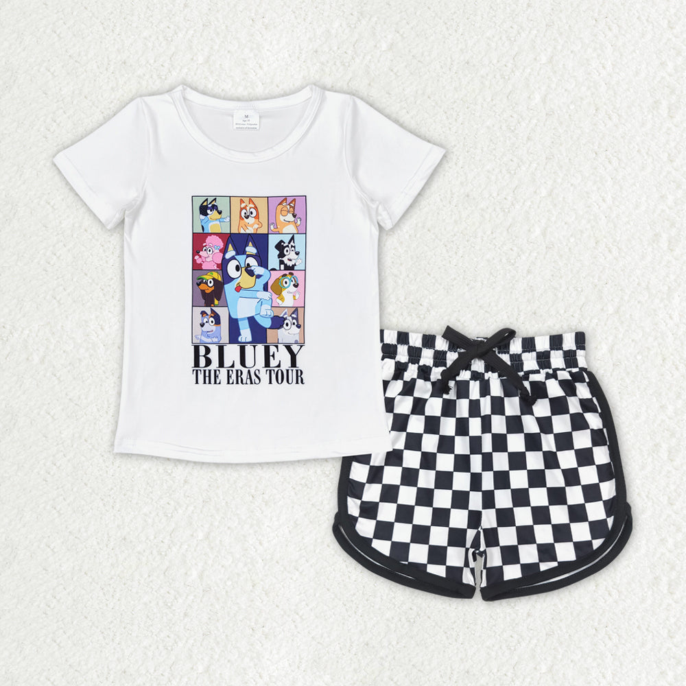 GSSO1447 cartoon blue dog the eras tour short sleeve black checkered shorts girls set