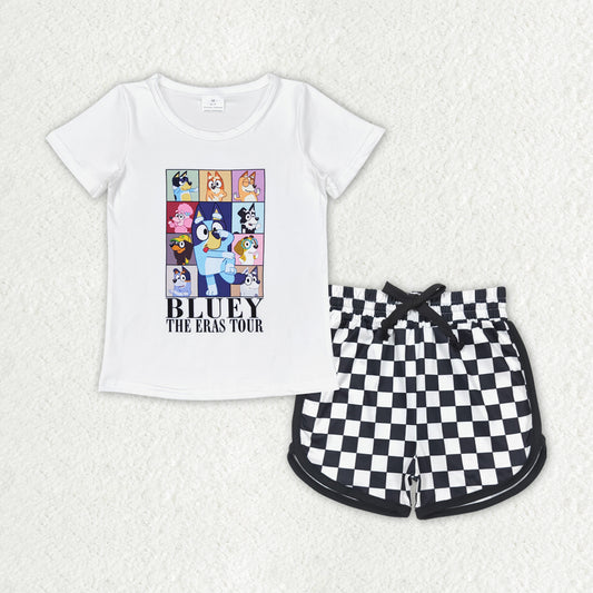 GSSO1447 cartoon blue dog the eras tour short sleeve black checkered shorts girls set