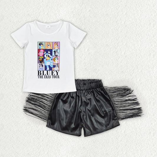 GSSO1448 cartoon blue dog the era tour short sleeve black leather tassels shorts girls set