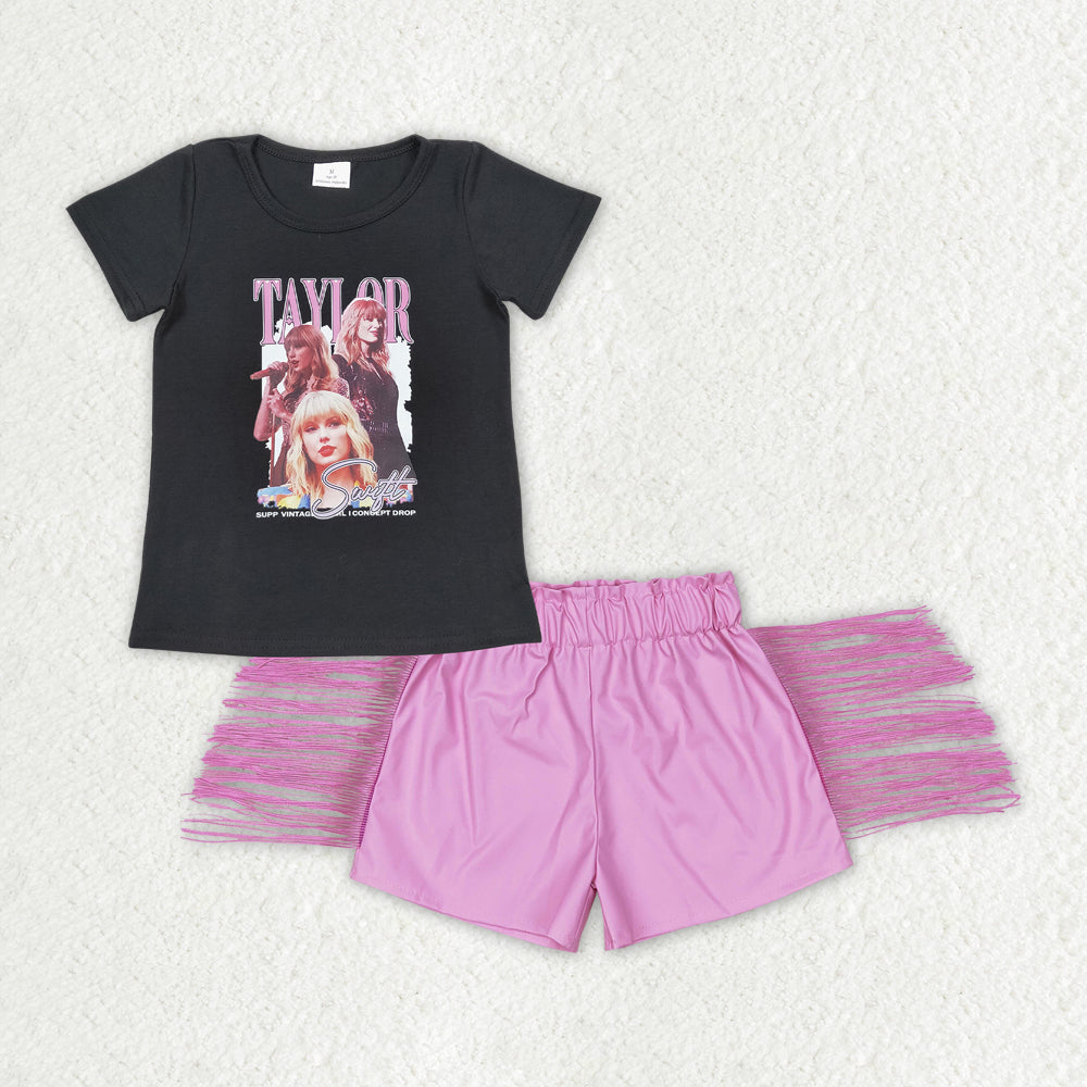 GSSO1450 Taylor country singer black short sleeve pink tassels leather shorts girls set