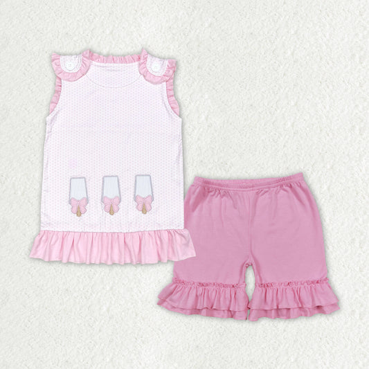 GSSO1455 embroidery ice pink dot sleeveless pink shorts girls set