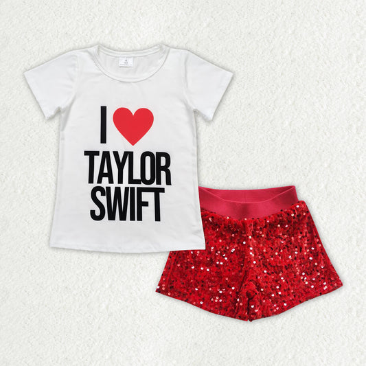 GSSO1456 Taylor country singer short sleeve red sequin shorts girls set