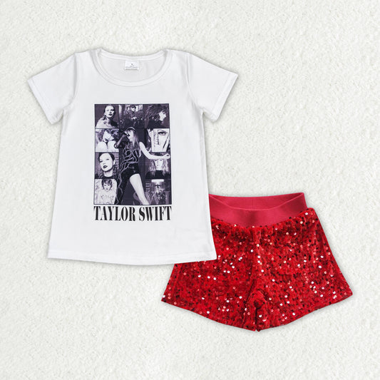 GSSO1457 Taylor country singer short sleeve red sequin shorts girls set