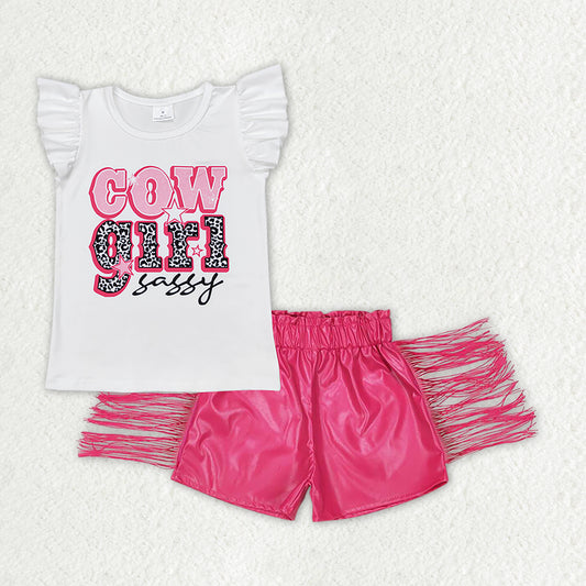 GSSO146 cowgirl sassy flutter sleeve hot pink tassels shorts girls set
