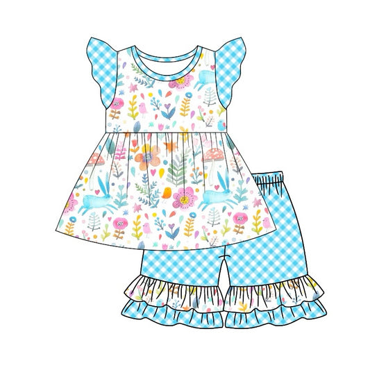 preorder GSSO1462 Easter cute bunny rabbit colorful flowers flutter sleeve blue checkered shorts girls set