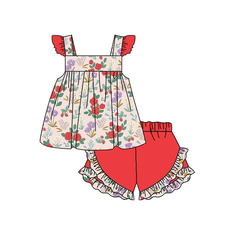 preorder GSSO1465 colorful flowers red flutter sleeve shorts girls set