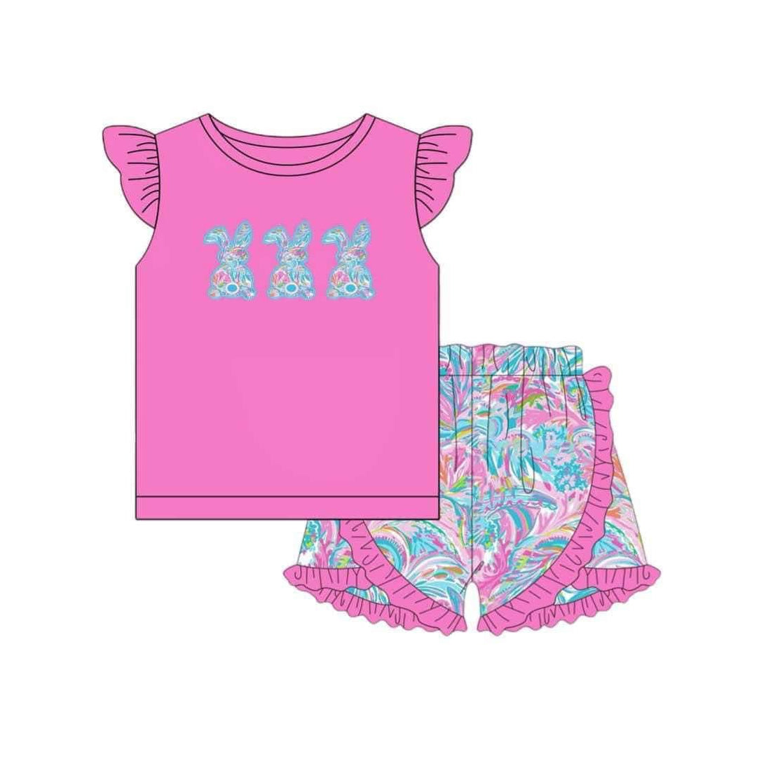 preorder GSSO1466 Easter cute bunny rabbit hot pink flutter sleeve colorful print shorts girls set