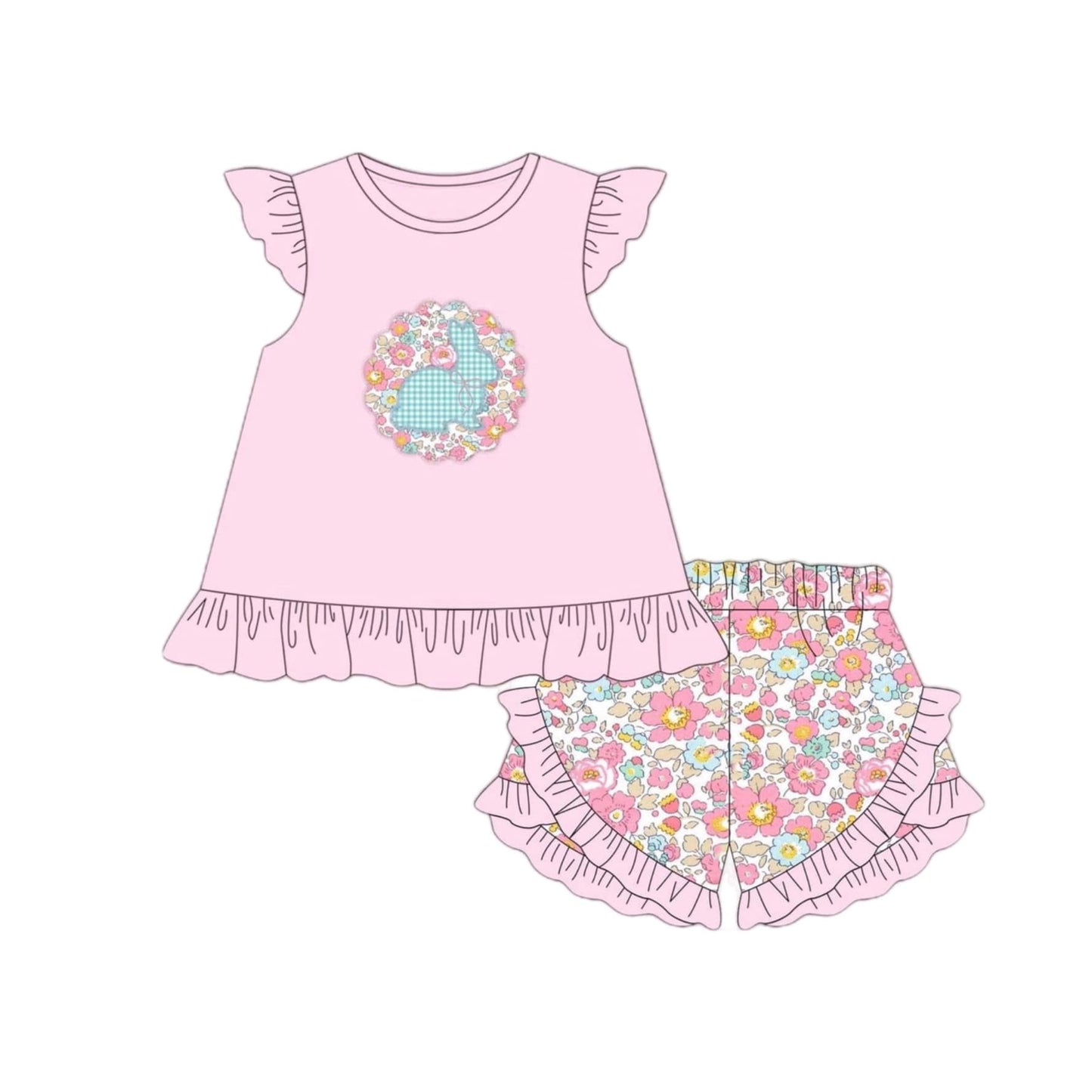 preorder GSSO1475 Easter cute bunny rabbit flutter sleeve colorful flowers shorts pink girls set