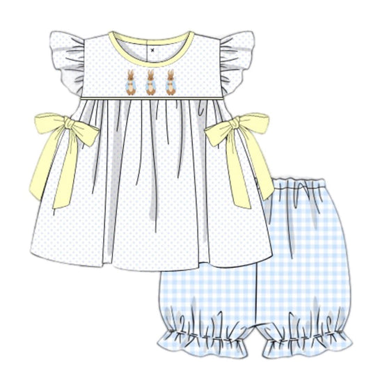 preorder GSSO1476 Easter cute bunny rabbit bows flutter sleeve blue checkered shorts girls set