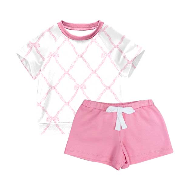 Preorder GSSO1496 pink cute bows short sleeve pink pants girls set