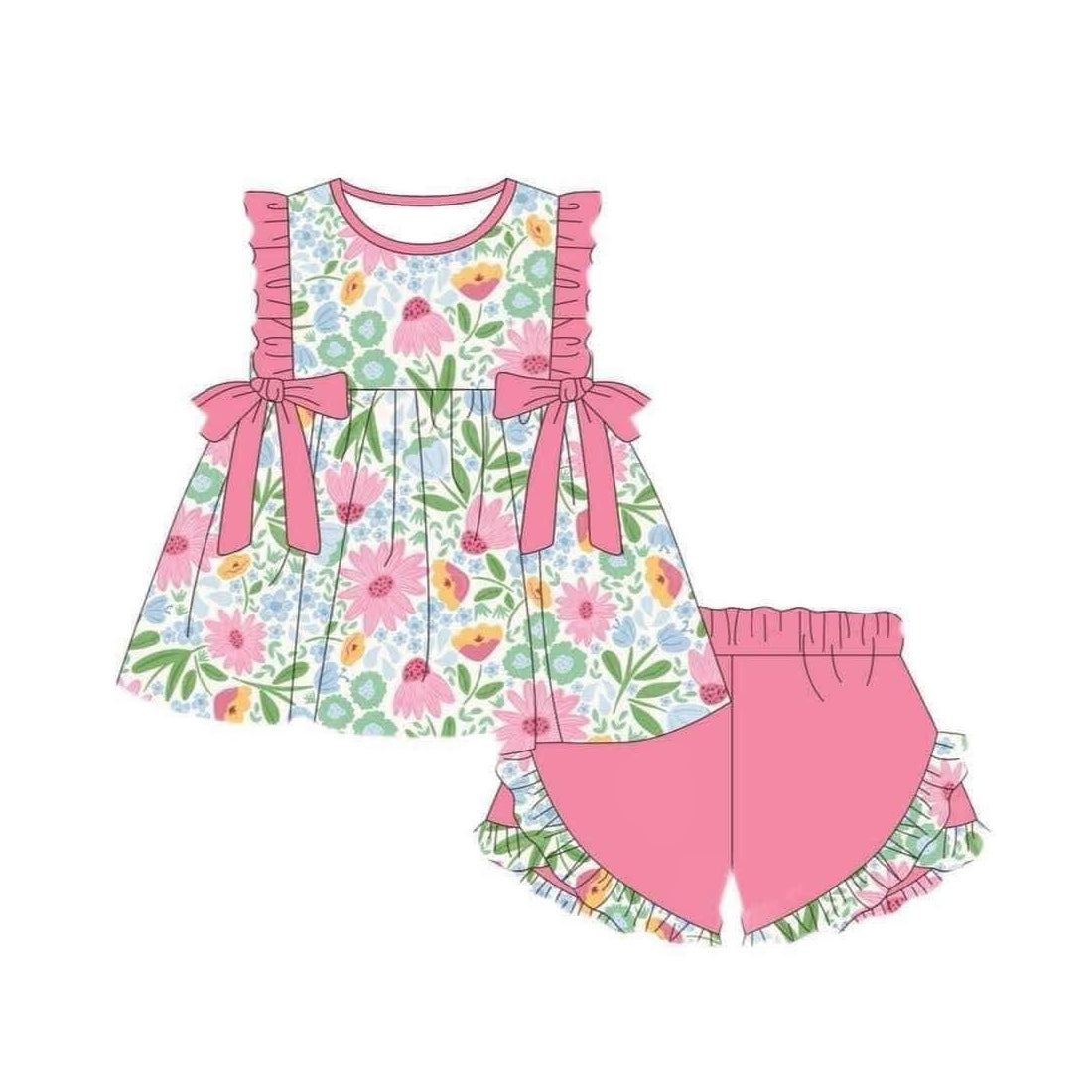 Preorder GSSO1497 watercolor flowers bows sleeveless pink shorts girls set