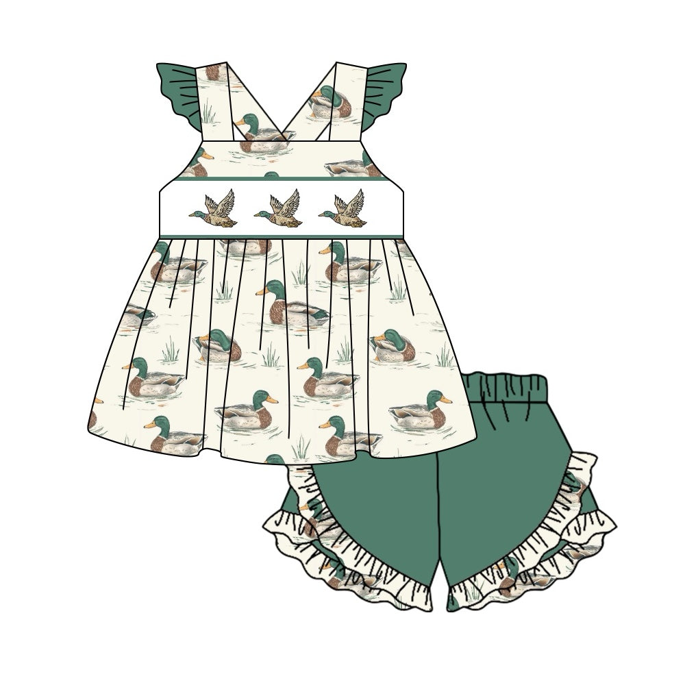 preorder GSSO1522 hunting season mallard duck flutter sleeve green shorts girls set