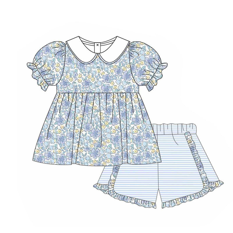 preorder GSSO1530 colorful flowers short sleeve blue striped ruffles shorts girls set