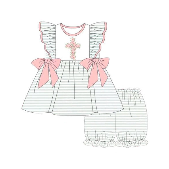 preorder GSSO1533 Easter pink flowers flutter sleeve shorts girls set