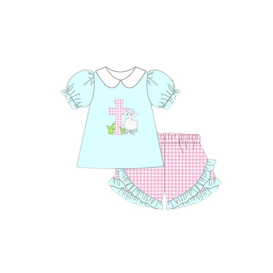 Preorder GSSO1540 Easter cross sheep aqua short sleeve pink checkered shorts girls set