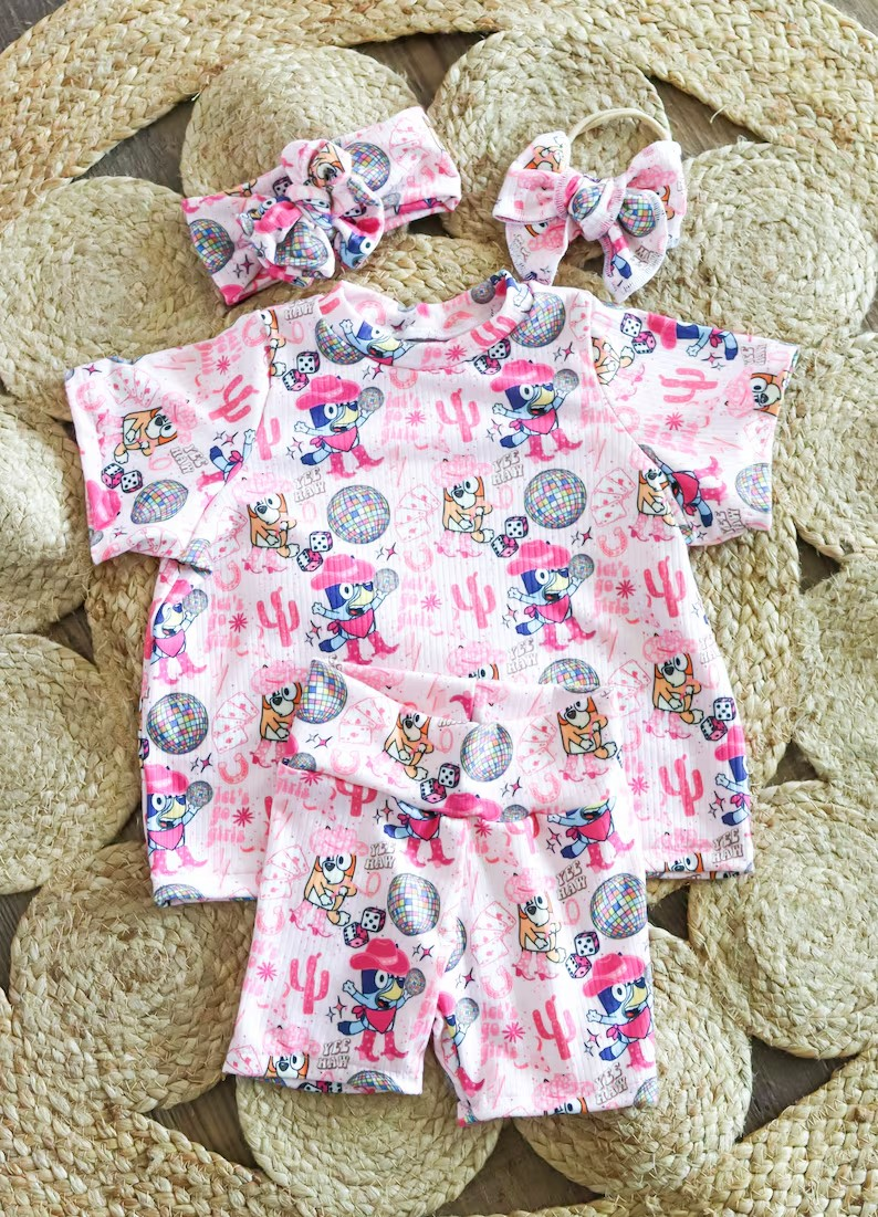 Preorder GSSO1543 Western cactus cartoon blue dog pink short sleeve shorts girls set