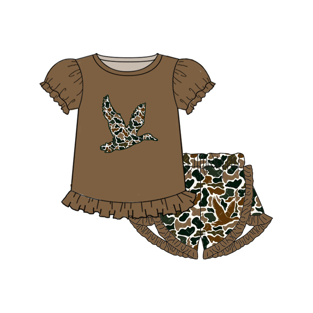 preorder GSSO1556 hunting camo mallard duck brown short sleeve old school camo shorts girls set