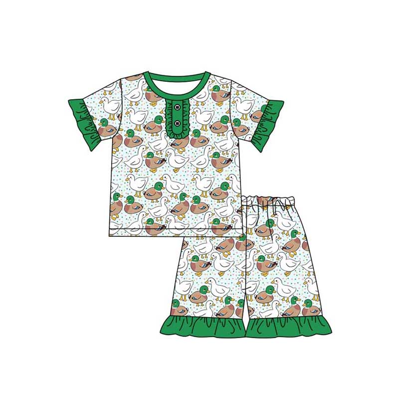 preorder GSSO1557 cute mallard duck goose green short sleeve shorts girls set