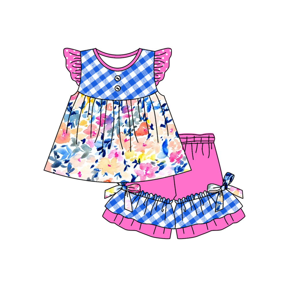 preorder GSSO1559 colorful flowers blue checkered flutter sleeve hot pink shorts girls set