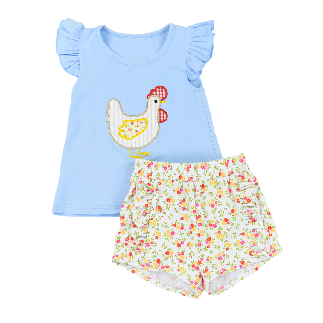 preorder GSSO1565 cartoon chick blue flutter sleeve colorful flowers shorts girls set