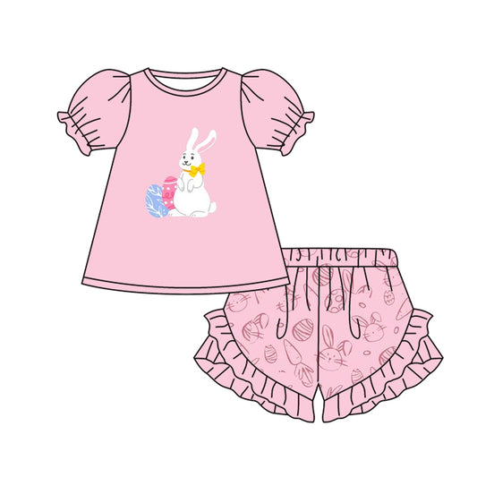 preorder GSSO1566 Easter egg rabbit bunny pink short sleeve pink ruffles shorts girls set