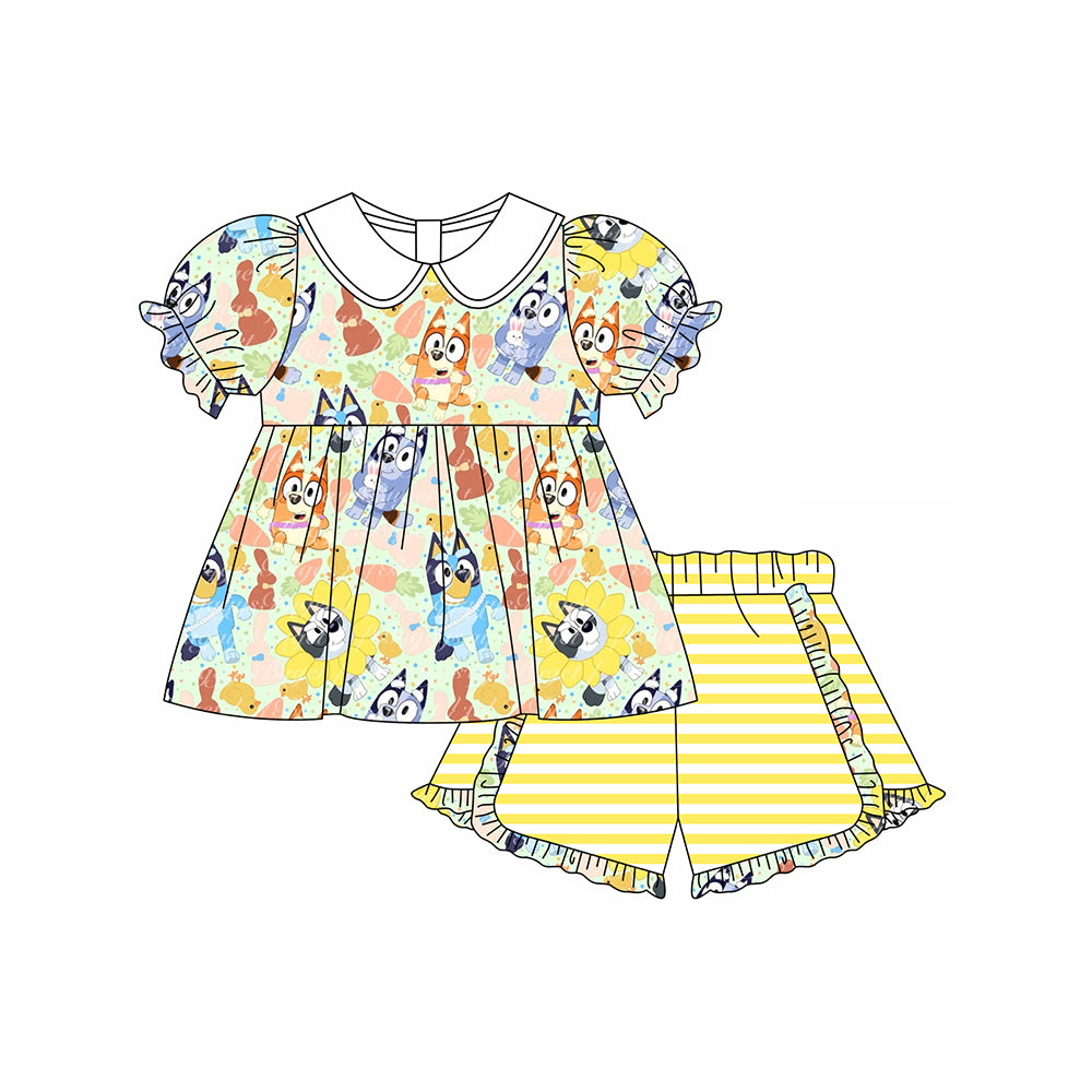 preorder GSSO1568 Easter blue dog rabbit short sleeve yellow shorts girls set