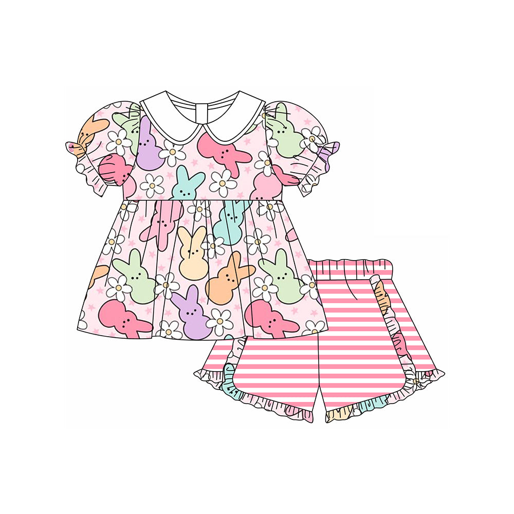 preorder GSSO1569 Easter rabbit flowers pink short sleeve pink striped shorts girls set