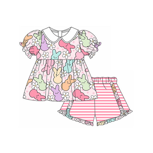 preorder GSSO1569 Easter rabbit flowers pink short sleeve pink striped shorts girls set