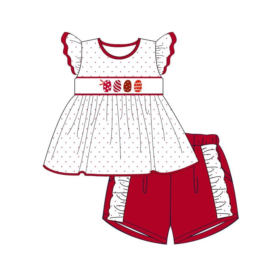 preorder GSSO1572 Easter red egg dot flutter sleeve red ruffles shorts girls set