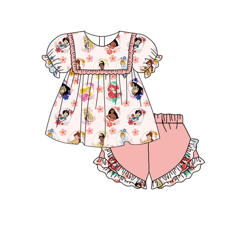 Preorder GSSO1573 cartoon princess flowers short sleeve pink ruffles shorts girls set