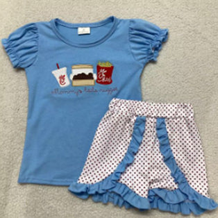 Preorder GSSO1575 fries hamburger blue short sleeve dot ruffles shorts girls set