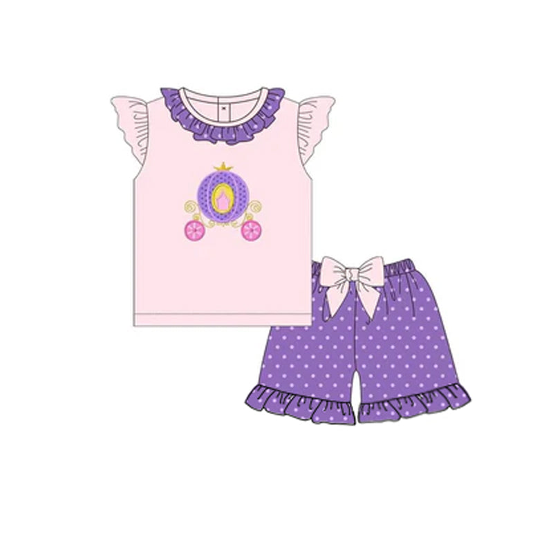 preorder GSSO1579 pumpkin cart pink flutter sleeve purple dot shorts girls set